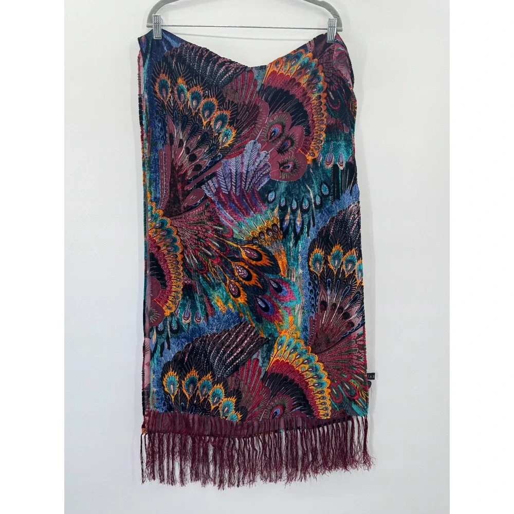 Women Peacock Colorful Vibrant Silk Blend Velvet Burnout Scarf Wrap Shawl Fringe